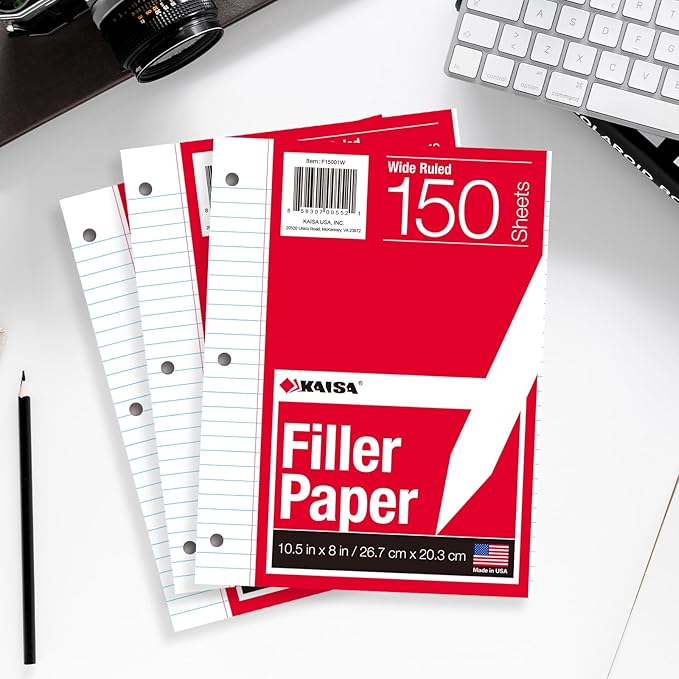 Kaisa loose Leaf Paper Filler Paper 1800 Sheets 8"x10.5",Wide Ruled, 3-Hole Punched for 3-Ring Binders, Carton of 12pack