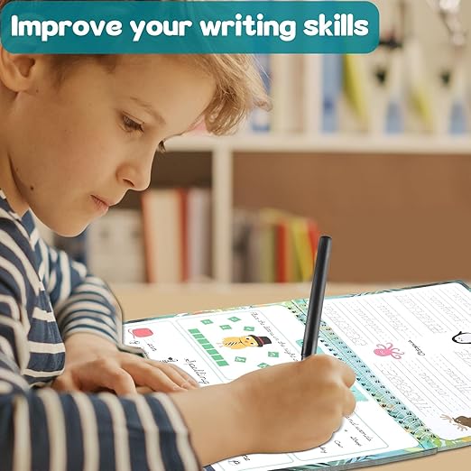gisgfim Grooved Cursive Handwriting Workbook Magic Reusable Grooved Cursive Handwriting Practice Guided Tracing with Disappearing Ink Pens for Beginners Kids Learning Activities Supplies (Words)