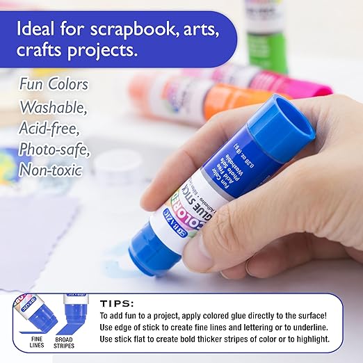 BAZIC Products Washable Colored Glue Stick 8g/0.28 Oz, All Purpose Acid Glue Sticks for Kids Photos Paper Kids at School Home Office (4/Pack), 2-Pack