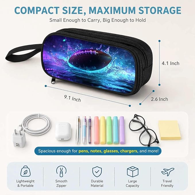 Firmiso Kids Pencil Case, Football Pattern, Large Capacity Double Zipper Pencil Pouch with Compartments, Durable Polyester School Supplies Organizer, Pen Bag for Boys Girls Students