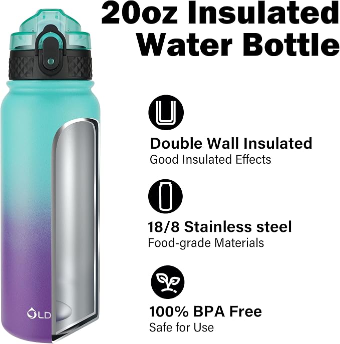 Oldley Insulated Water Bottle 20oz Water Bottles with Straw, Stainless Steel Water Bottle with 3 Lids, Double Wall Vacuum Bottels for Adult Kids,Leak-Proof Sport Bottles for School Travel,Green Purple