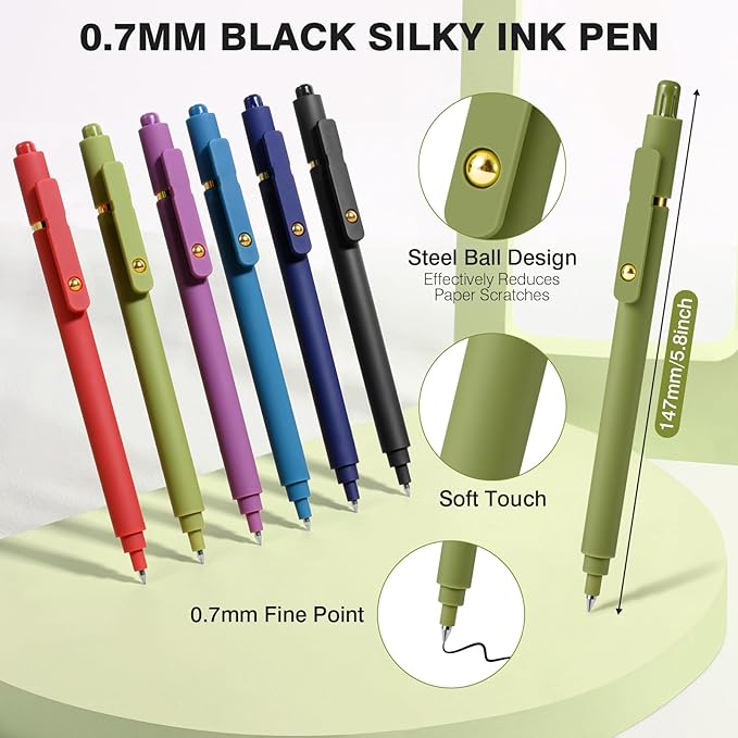 Gel Pens, 6 Pack 0.7mm Fine Point Black Ink Pens with 6 Refills, Quick Dry & No Smear, Smooth Writing Pens for Journaling, School, Office Supplies, Gifts for Women and Men