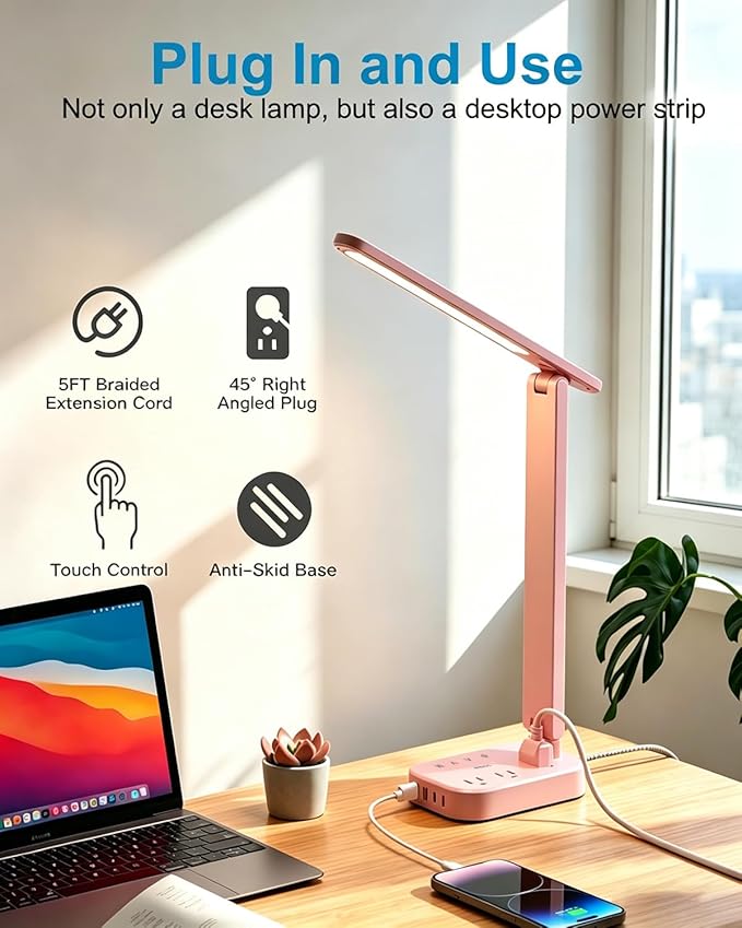 One Beat Small LED Desk Lamp Power Strip 5ft Extension Cord with 3 Outlets 4 USB Ports(2 USB C), 4 Modes, 5 Level Touch Lamp Study Reading Light, Home Office Bedroom College Dorm Room Essentials, Pink