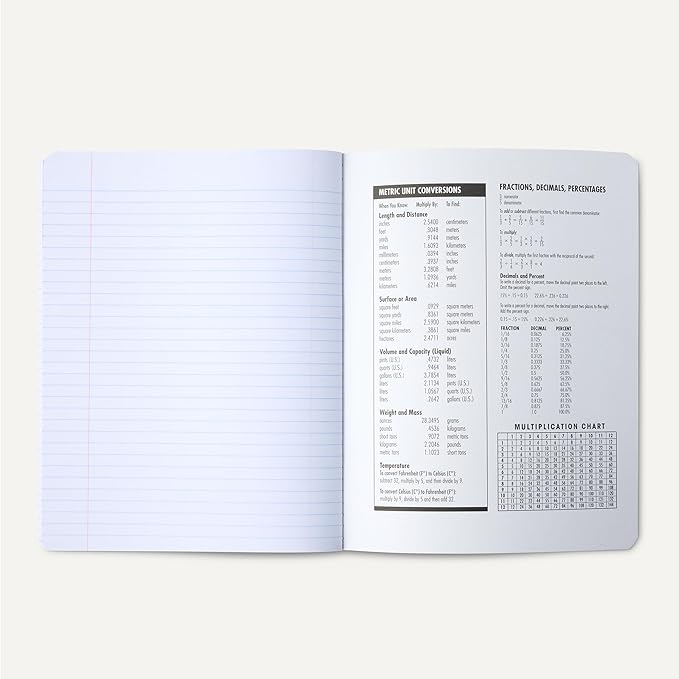 Amazon Basics Composition Notebook, College Ruled, 100 Sheets, 9.75" x 7.5", Marble Black, with Conversion Charts, 4-Pack