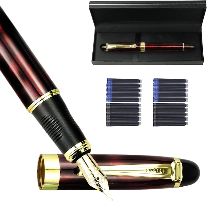 YUNCHUN Marble Fountain Pen for Writing, Refillable Luxury Metal Pens with Ink Pen with 10 Black and 10 Blue Ink Refills, Business Writing Fountain Pen for Men and Women, Marble Black & Red