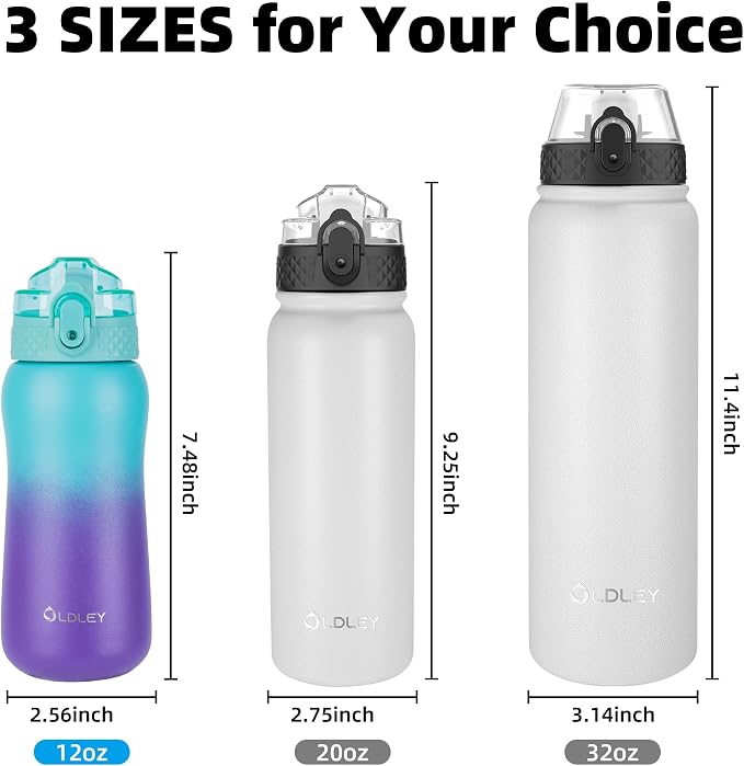 Oldley Insulated Water Bottles 12oz Kids Water Bottle with Straw, Stainless Steel Water Bottle with 2 Lids, Double Wall Vacuum Bottle, Leak-Proof Sports Bottles for School Travel, Green Purple