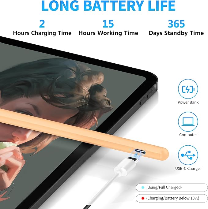 DRYMOKINI Stylus Pen for Touchscreen, Active Stylus Compatible for Android and iOS Tablet/Phones, Rechargeable Universal Stylist Pencil Compatible for A-pple/i-Pad/Phone Tablet, Peach Orange