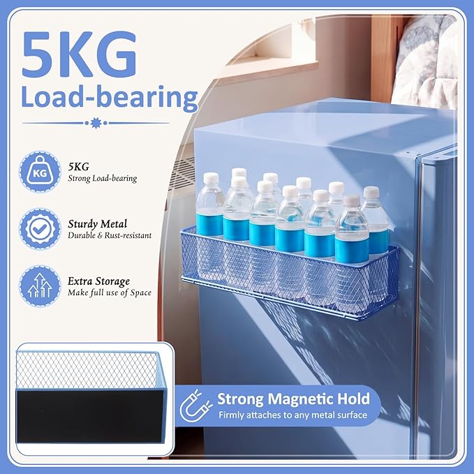 FoldTier 1 Pack Blue Magnetic Basket Fridge Organizer, Magnetic Shelf Containers Storage Bin Holder for Kitchen Dorm Locker Refrigerator Classroom Whiteboard Office Table (13.8 x 3.1 x 4.9 Inch)