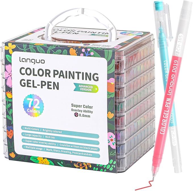 Gel Pens For Coloring, 72 Pack Colored Pens for Black Paper & White Paper, 0.6MM Fine Point Pens for Coloring, Writing, Drawing, Journaling, Note Taking, Office, Home
