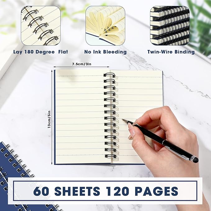 Jutom 4 Pcs Small Spiral Notebooks Memo Pads 3x5 Bulk Small Pocket Notebooks Mini Notepads with Lined Pages Mini Journals for Office School Work Supplies, 120 Pages (Dark Blue)