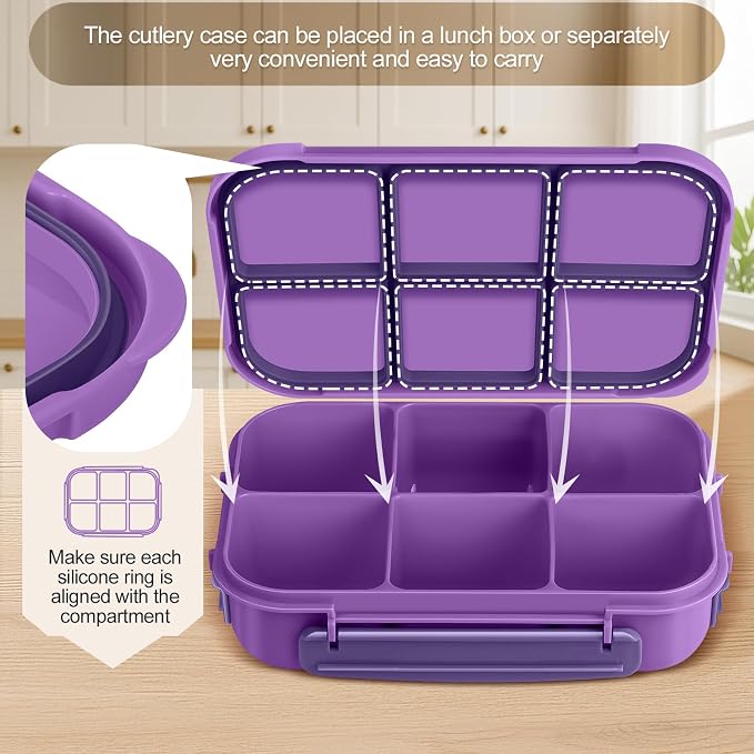 Amathley Lunch Box Kids Girls Boys,Bento Box Adult,Toddler Lunch Containers for School,Leakproof Snack Containers with 6 Compartments,Sauce Container,10 Food Picks and 4 Muffin Cups (Purple)