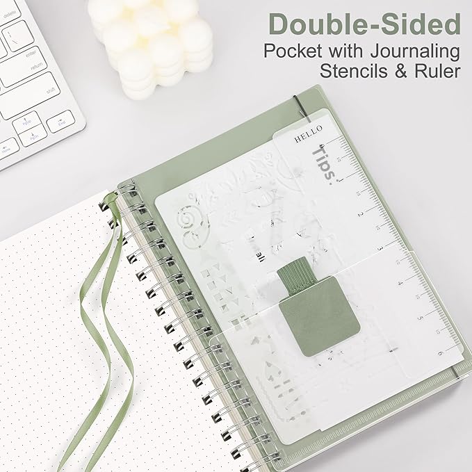 RETTACY Dotted Journal Notebook, 300 Pages, A5 Medium Size (5.7'' × 8.2''), 100 GSM Thick Paper, Flexible Plastic Cover, Spiral-bound, for Journaling, Planning, Tracking (Sage Green)