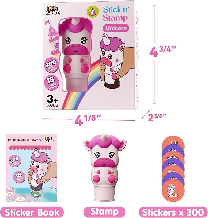 iPlay, iLearn Kids Unicorn Sticker Stamp Set - 400+ Stickers 18-Page Activity Book, Toddler Creative Mess-Free Art Craft Educational Travel Toy, Birthday Easter Basket Gifts 3 4 5 6 Year Old Girl Boy