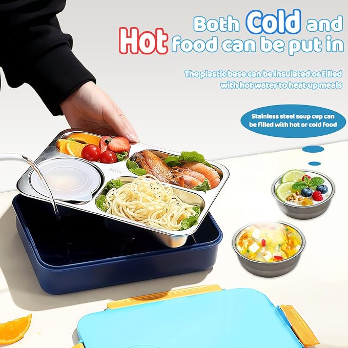 Kids Stainless Steel Lunch Box,304 Stainless Toddler Leak-Resistant Insulated Metal Bento Box,Suitable Schools,Office,Use Comes With An Independent Soup Cup,Tableware,4 Compartments (Blue)