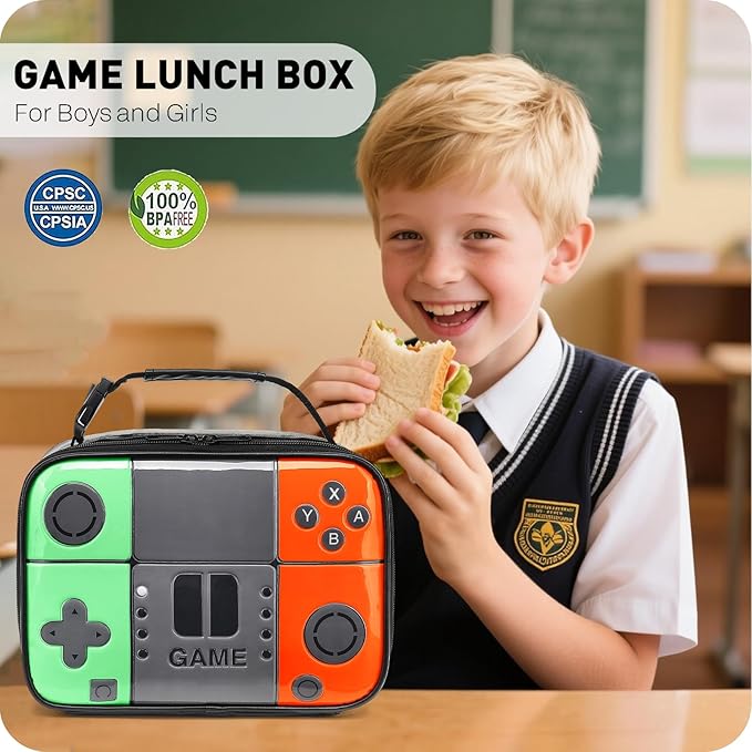 Kids Lunch Box for Boys,Game Console Insulated Lunch Bag for Kids,Leather Lunchbox for Boys,Waterproof Leakproof Portable Fits Most Bento Boxes