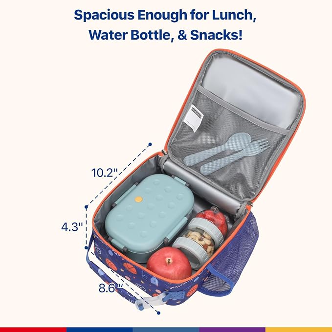 Bagseri Kids Lunch Box for Boys - Insulated Toddler Lunch Bag Fits Bento Box, Reusable Daycare Cooler Tote with Clip Handle, Water-Resistant Lining, Blue Basketball