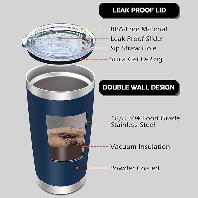 AIANJI 20oz Tumbler Bulk Stainless Steel Tumblers with Lid Vacuum Insulated Double Wall Travel Coffee Mug Powder Coated Tumbler Cup for Hot and Cold Drinks(Navy Blue, 1 pack)