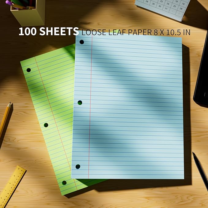 500 Sheets Loose Leaf Paper 8" x 10.5" Colored Filler Paper College Ruled 3-Hole Punched Lined Paper Notebook Paper for 3-Ring Binders Notepad Writing Note Pads Ideal for Home, School, Office