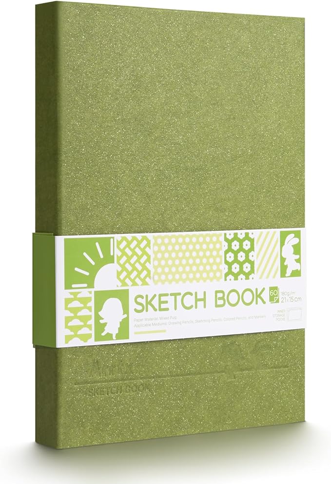 Arrtx Premium Hardcover Sketch Book, 60 Sheets/120 Pages, 180 GSM Thick Acid-Free Drawing Paper, Hardbound Sketch Pad with Inner Pocket, Green 8.5"x6.1" Sketchbook