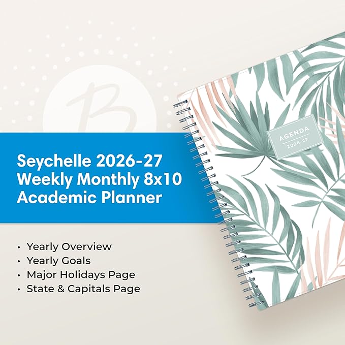 Blue Sky 2026-2027 Weekly and Monthly Academic Year Planner Calendar, July 2026 - June 2027, 8" x 10.875", Flexible Cover, Wirebound, Laminated Tabs, Seychelle