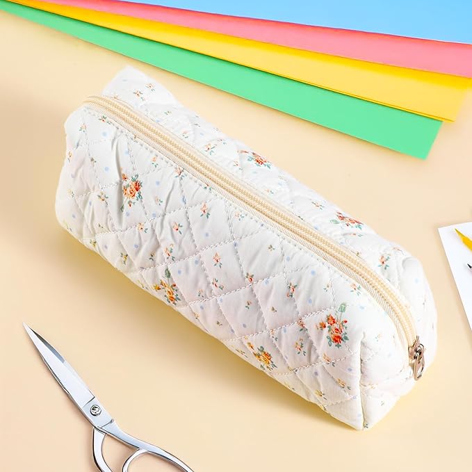 Flowers Pencil Case, Cute Pencil Case, Aesthetic Pencils Bag with Zipper, Soft Quilted Pencils Pouch Organizer, Wide Opening Makeup Bag for Office College