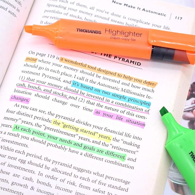TWOHANDS Highlighters,Chisel Tip Marker Pens,6 Assorted Colors,with Large Ink Reservoir for Extra Long Marking 20062 (Pack of 2)