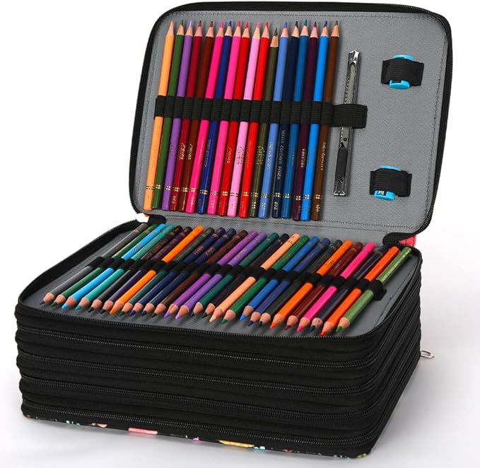 Vomgomfom 252 Slots Pencil Bag, 5-Layer Zipper Art Supply Organizer, PU Leather Portable Colored Pencil Case with Handle for 252 Watercolor Pens, Gel Pens (Black Flower)