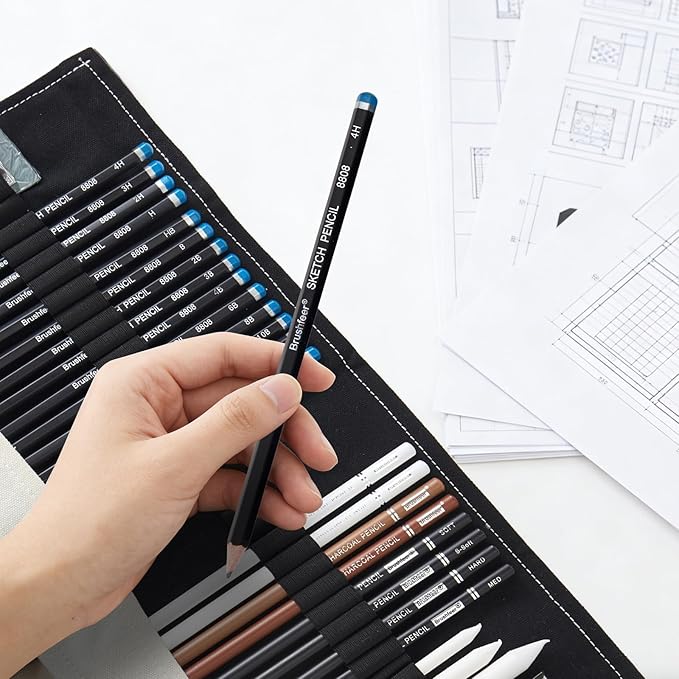 Professional Sketching Pencil Set with Full Hardness Range (3H–14B) – Graphite & Charcoal Pencils with Portable Canvas Pouch