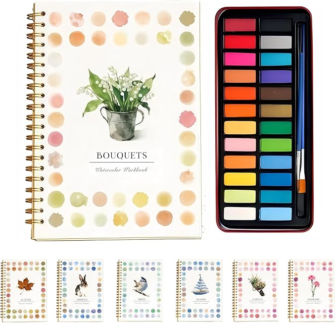 Watercolor Workbook - Coloring Book Beginner Friendly Painting Kit, Watercolor Workbooks for Adults with 24 Colors Paint, Exploration Gift for Adults Teens (Bouquets)