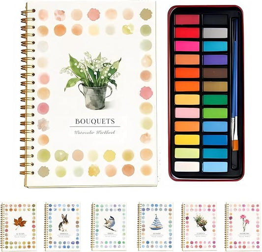 Watercolor Workbook - Coloring Book Beginner Friendly Painting Kit, Watercolor Workbooks for Adults with 24 Colors Paint, Exploration Gift for Adults Teens (Bouquets)
