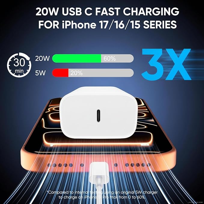 iPhone 17 16 15 Charger Fast Charging 6FT+10FT Cable, 20W USB C Charger, USBC Wall Charger for i Phone 17 Air 16 16e/16 Pro/16 Pro Max/15/15 Plus/15 Pro/15 Pro Max,i Phone iPad Pro/Mini (White)
