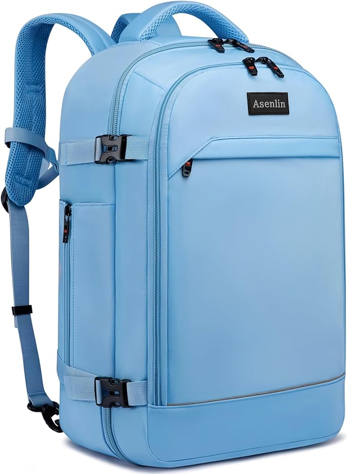 Asenlin Travel Backpack for Women Men,Flight Approved Carry On Luggage 40L Water Resistant Business Laptop Backpacks Fits TSA 17.3 Inch Computer College Weekender Outdoor Hiking-Light Blue