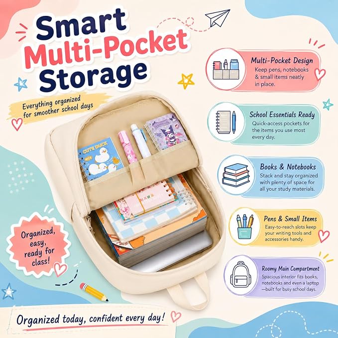 LOIDOU Backpack for Girls School Backpacks Bookbags for Elementary Middle School Women Laptop Backpacks (Pure Beige, L-17)
