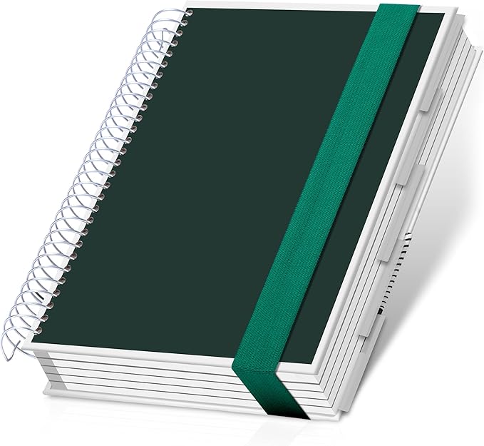 Yoment 5 Subject Notebook College Ruled, 300 Pages Spiral Notebook with Removable Divider Tabs，Hardcover 8 x 10 Inches College Ruled Journal 1 Inner Pocket for School College Work Office Home,Green