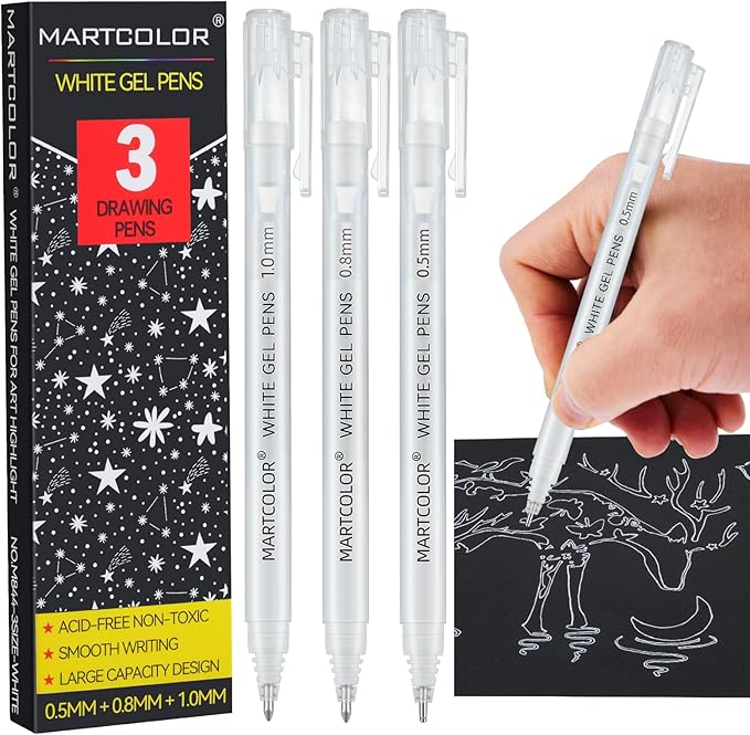 MARTCOLOR White Gel Pens, 05/08/10mm Assorted Tip Opaque Archival Ink Pen for Journaling, Art, or Drawing - For Holiday Gifts & DIY Projects, White Gel Pens for Art Highlight, 3 Pack