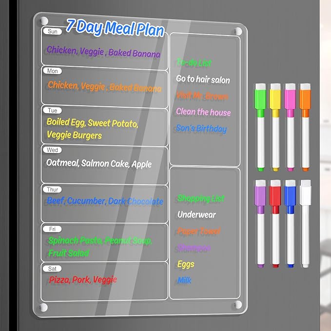 Acrylic Meal Planner Magnetic Menu Board for Kitchen Fridge w/Markers, Clear Weekly Calendar Planning Board Noteboard Refrigerator Dry Erase Board to Do/Grocery/Shopping List/Chore Chart, 12.8x9’’