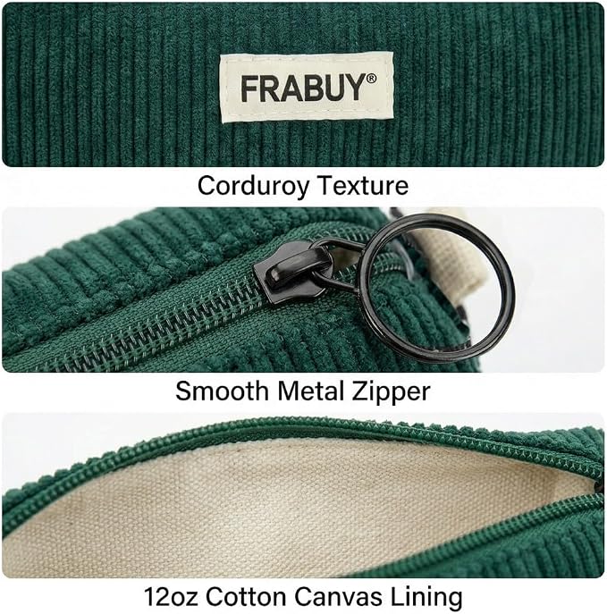 Soft Corduroy Pencil Case Pen Pouch Organizer, Small Stationery Bag | Cute dark green pencil pouch, smooth zipper, daily cosmetics holder, compact organizer for school teen girls, women