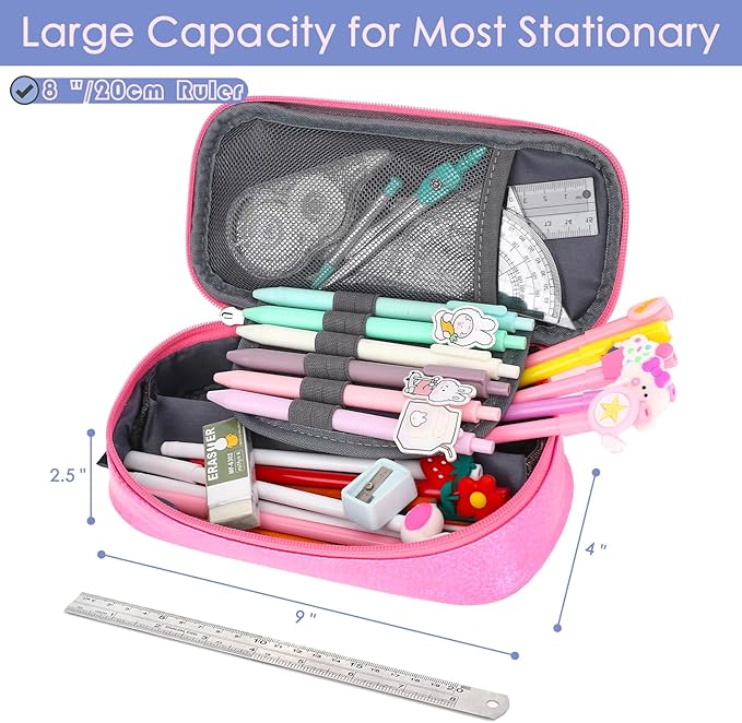 FlowFly Large Capacity Pencil Case for Kids, Boys & Girls – Zippered Multi-Functional Pen Pouch, Soft & Portable Pencil Bag for School, Teens, Students, PU#Pink