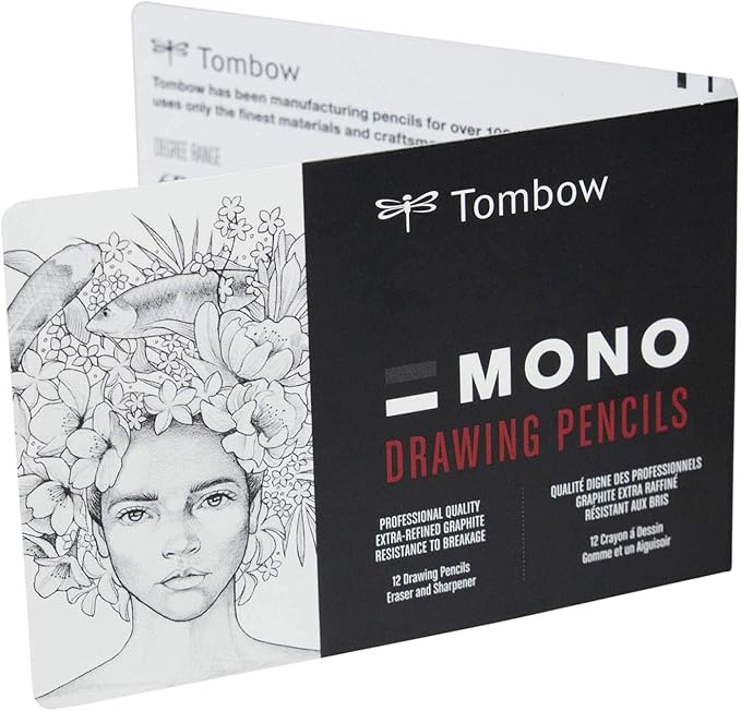 Tombow 51523 MONO Drawing Pencil Set, Assorted Degrees, 12-Pack. Professional Quality Graphite Pencil Set with Eraser and Sharpener