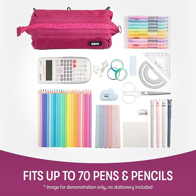 ZIPIT Lenny Pencil Case, Wide-Opening Zipper Pouch for Girls, Pink | Aesthetic pouch for school, machine washable, colorful lining, holds 55 pens & pencils, doubles as a makeup case for travel