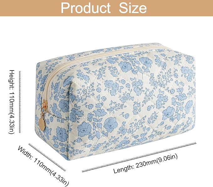 Makeup Bag Travel Cosmetic Bag for Women Girls, Zipper Make Up Pouch, Floral Flowers Toiletry Organizer Makeup, Portable Storage Cosmetic Travel Cloth Bag (Blue Floral+Flower-Red)