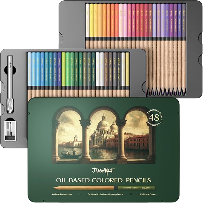 JusArt 48 Oil-Based Colored Pencils – Soft Core, Durable, Vibrant & Ultra-Smooth. Ideal for Adult Coloring, Portrait, Sketching, Landscape. Professional Drawing Pencils for Artists, Adults & Beginners