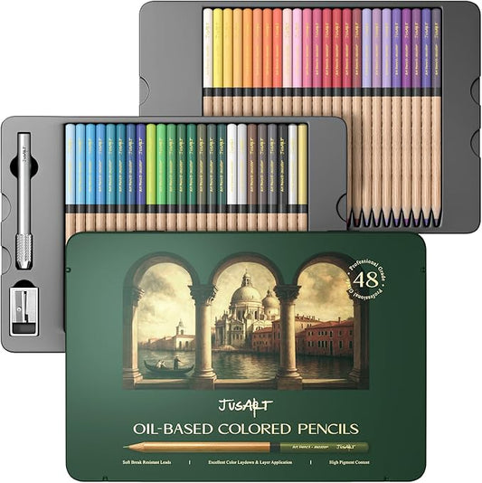 JusArt 48 Oil-Based Colored Pencils – Soft Core, Durable, Vibrant & Ultra-Smooth. Ideal for Adult Coloring, Portrait, Sketching, Landscape. Professional Drawing Pencils for Artists, Adults & Beginners