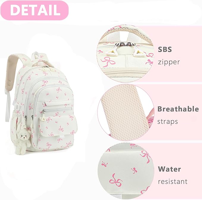 PRLINJSK Girls Backpack for College High Middle School Student, Cute Aesthetic Bookbag for Teens Women with Accessories, Beige Bow