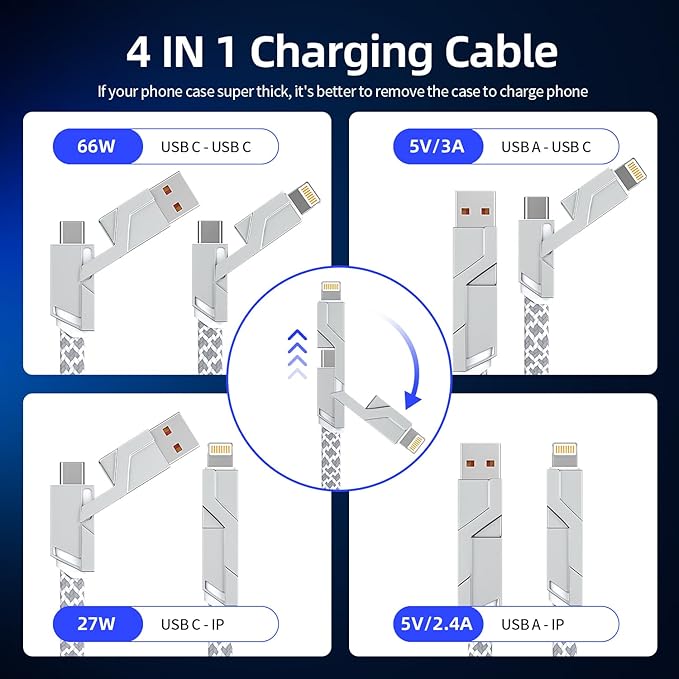 4 in 1 Charging Cable 5FT -MAX 66W USB C Cable Fast Charging, Multi Charging Cable, Multiple iPhone Charger Cord for iPhone 17/16/15/14/13/iPad/Android/Tablets/Car and More, Cruise Travel Essentials