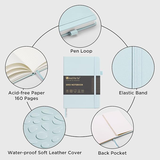 &And Per Se Graph Notebook, 5mm Grid, A5 Hardcover, 160 Pages 100gsm Thick Paper, Grid Journal for Diagrams, Wireframes, CAD Sketches (Cyan)