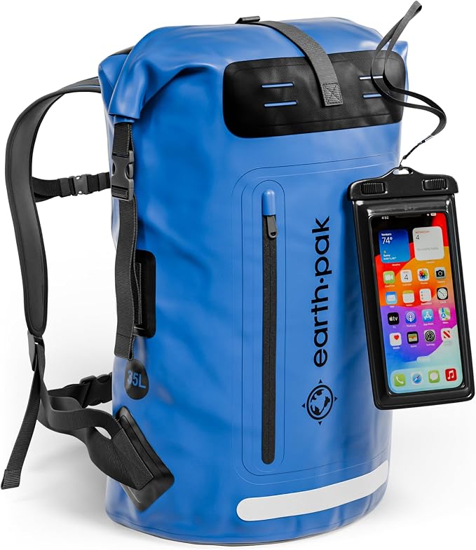 Waterproof Dry Bag Backpack 35L - Kayaking Boating Fishing Rafting Marine | Blue 35L dry bag: 500D PVC, abrasion resistant build, IPX8 phone case for river and lake trips