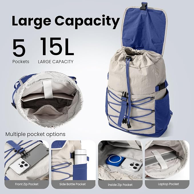 Travel Backpack for Women Men, 15L Lightweight Laptop Daypack with Multiple Pockets for Tourist, Daily bag for Girls & Boys, Casual Packable Bagpack for Hiking