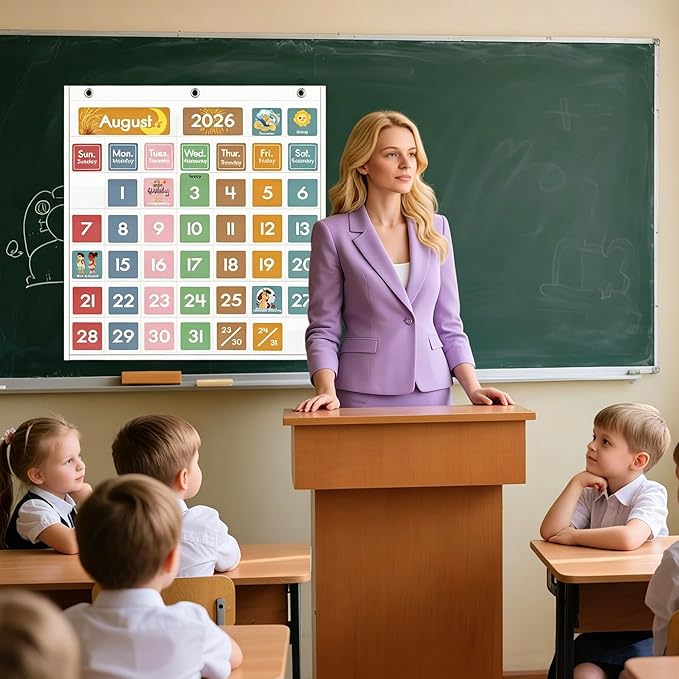 46 Pockets Classroom Calendar Pocket Chart with 77 Cards, Daily Monthly Learning Calendar for Circle Time Weather Seasons, Preschool Kindergarten Homeschool Must Have, Teacher Essential Supplies White