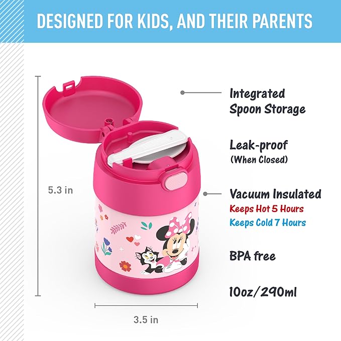 THERMOS FUNTAINER Insulated Food Jar, 10 Ounce, Kid Friendly Food Jar with Foldable Spoon, Preschool Minnie (Pack of 6)